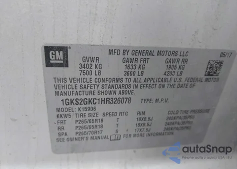 2017 GMC Yukon Xl Slt from USA, damaged, VIN 1GKS2GKC1HR326078